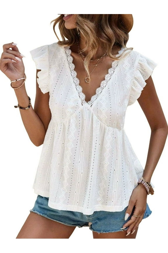 Deliqiba Women'S Lace Trimmed V Neck Ruffled Sleeve Flared Eyelet Tank Blouse Top White M