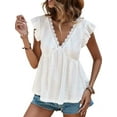 thumbnail image 1 of Women'S Lace Trimmed V Neck Ruffled Sleeve Flared Eyelet Tank Blouse Top White S, 1 of 5