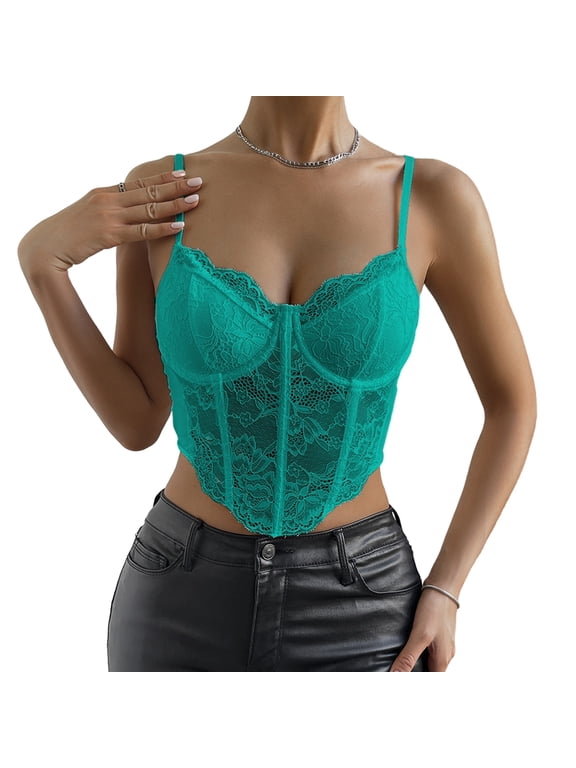 Women'S Lace Underwire Boned Sheer Crop Top Slim Fit Layering Inner Wear Camisole Green XS