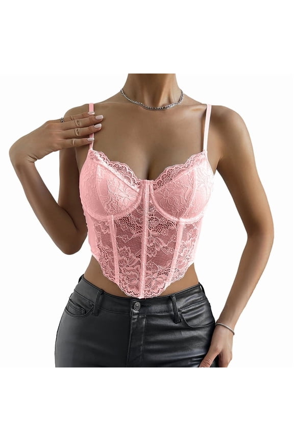 Women'S Lace Underwire Boned Sheer Crop Top Slim Fit Layering Inner Wear Camisole Pink S