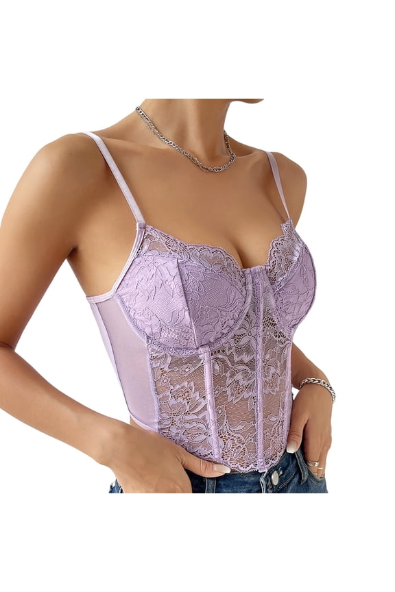 Women'S Lace Underwire Boned Sheer Crop Top Slim Fit Layering Inner Wear Camisole Purple L