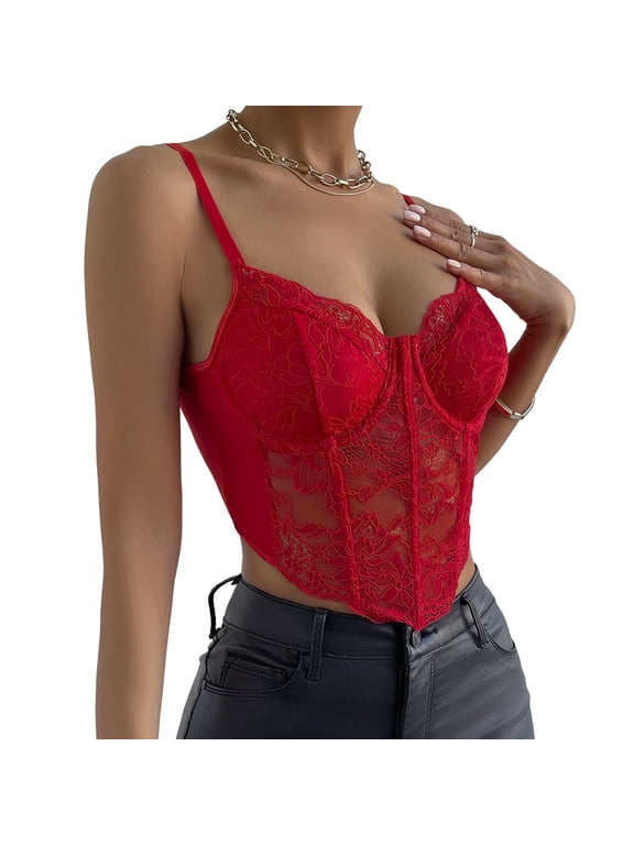 Women'S Lace Underwire Boned Sheer Crop Top Slim Fit Layering Inner Wear Camisole Red L