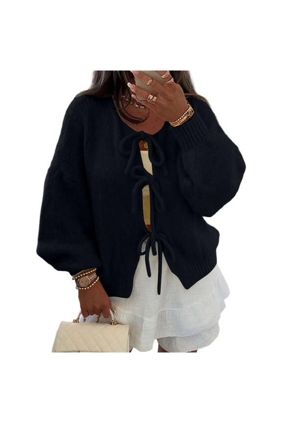 Women'S Lace-Up Cardigan Sweater Chunky Knit Long Puff Sleeve Fashion Autumn and Winter Jacket Coat