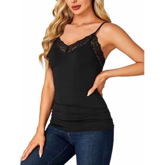 Women'S Lace V Neck Camisole Adjustable Strap Camisoles Sleeveless Tank Undershirt Top Black S
