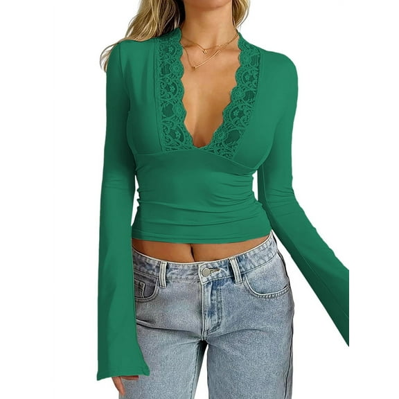 Women'S Lace V Neck Long Sleeve Going Out Tops Green S