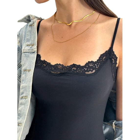 Women'S Lace Y2K Square Neck Strap Tank Top Sleeveless Going Out Party Club Basic Shirt Black M