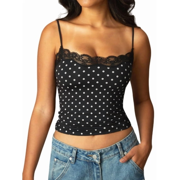 Women'S Lace Y2K Square Neck Strap Tank Top Sleeveless Going Out Party Club Basic Shirt Black Polka Dots XS