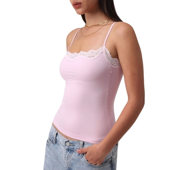 Women'S Lace Y2K Square Neck Strap Tank Top Sleeveless Going Out Party Club Basic Shirt Pink L