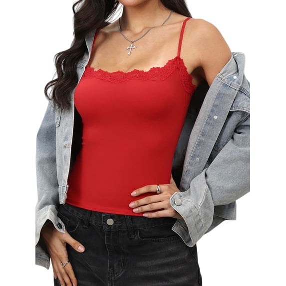 Women'S Lace Y2K Square Neck Strap Tank Top Sleeveless Going Out Party Club Basic Shirt Red M