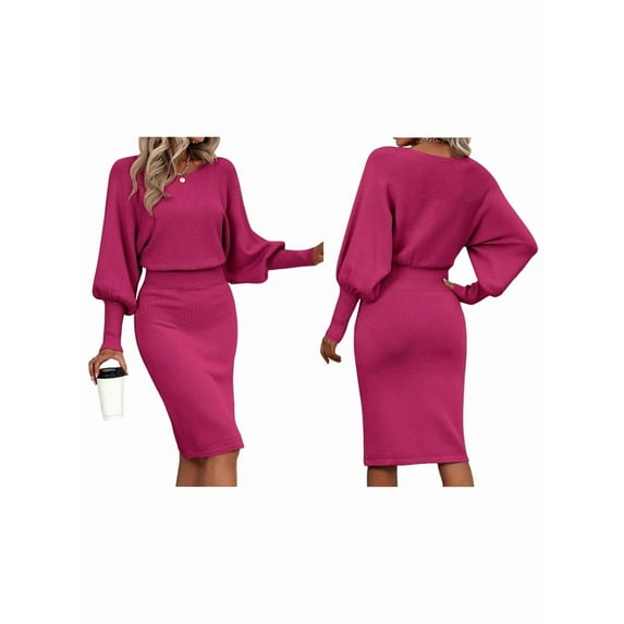 Women'S Lantern Long Sleeve High Waist Formal Bodycon Pencil Midi Pullover Sweater Dresses Clothes Rose Red XL