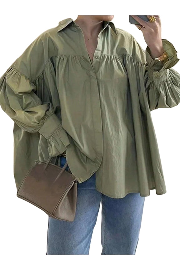 Women'S Lapel Collar Front Gathered Pleated Bubble Long Sleeve Oversized Loose Casual Shirt Green L