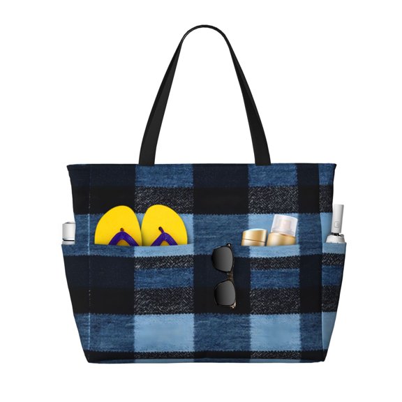 Women'S Large Capacity Beach Bag Travel Bag 17.715in Waterproof And Durable Portable Can Be Used For Daily Play Travel Shopping Gym Midnightblue Buffalo Plaid Check Tartan Scotland_1