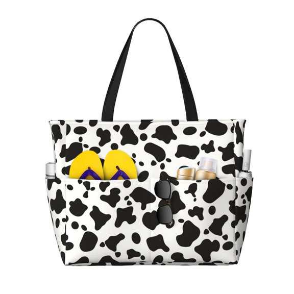 Women'S Large Capacity Beach Bag Travel Bag 17.715in Waterproof And Durable Portable Can Be Used For Daily Play Travel Shopping Gym Simple Cow Print Pattern, Vector Art Style_3