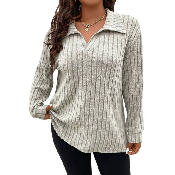Women'S Large Size Casual Knitted Sweater Lapel V-Neck Solid Color Top Long Sleeve Shirt Apricot 4XL