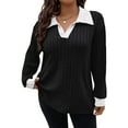 thumbnail image 1 of Women'S Large Size Casual Knitted Sweater Lapel V-Neck Solid Color Top Long Sleeve Shirt Black & White 4XL, 1 of 7