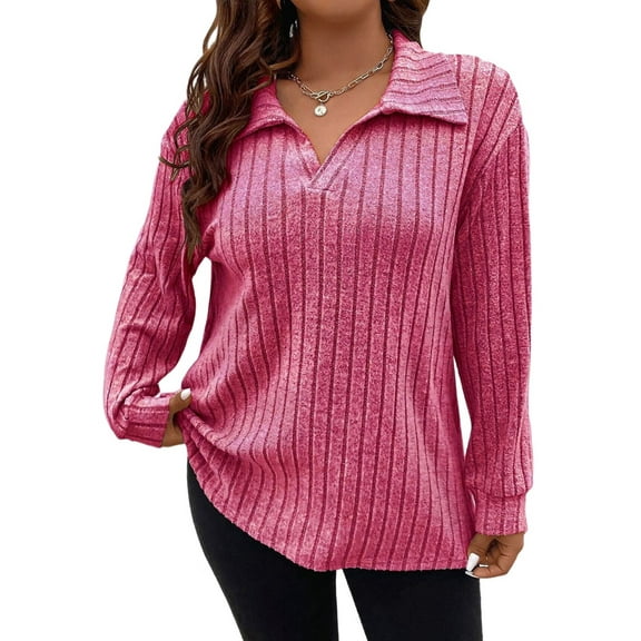 Women'S Large Size Casual Knitted Sweater Lapel V-Neck Solid Color Top Long Sleeve Shirt Pink XL