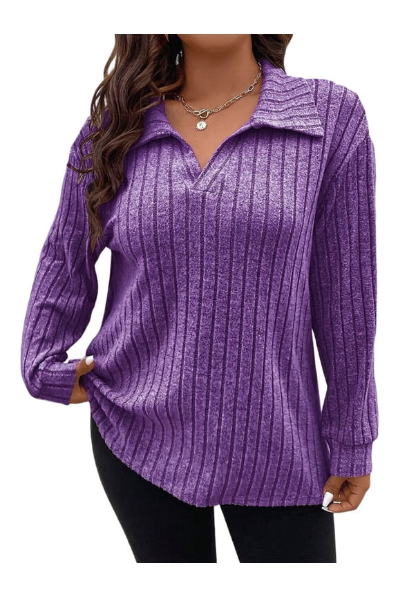 Women'S Large Size Casual Knitted Sweater Lapel V-Neck Solid Color Top Long Sleeve Shirt Purple XL