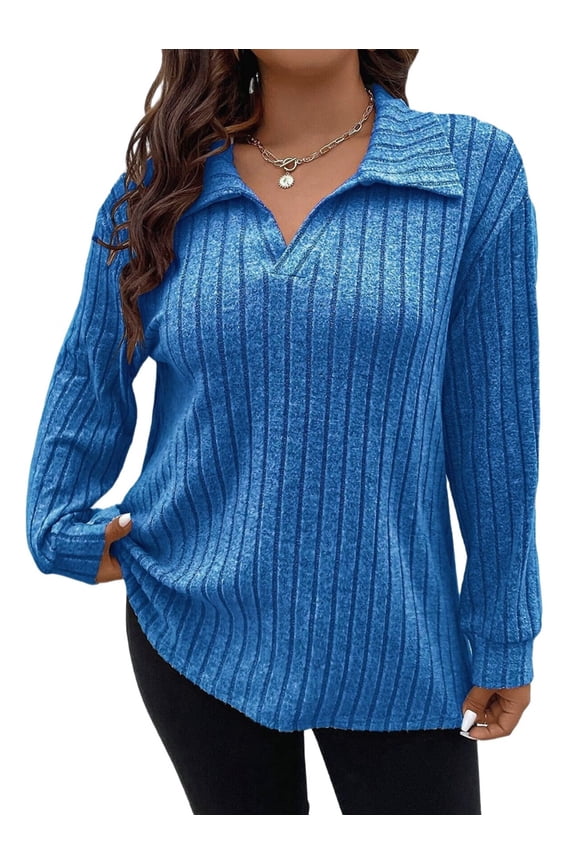 Women'S Large Size Casual Knitted Sweater Lapel V-Neck Solid Color Top Long Sleeve Shirt Royal Blue XXXL
