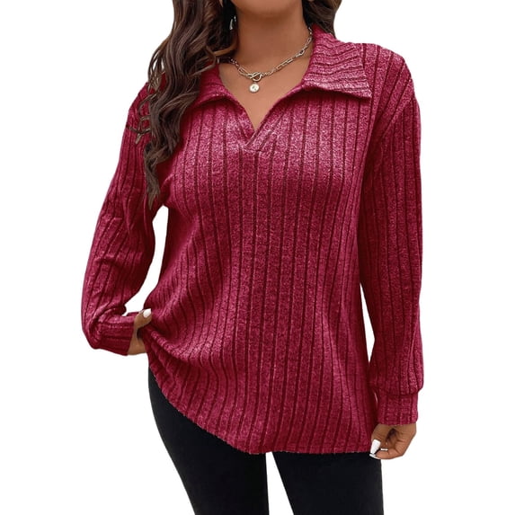 Women'S Large Size Casual Knitted Sweater Lapel V-Neck Solid Color Top Long Sleeve Shirt Wine Red XXXL