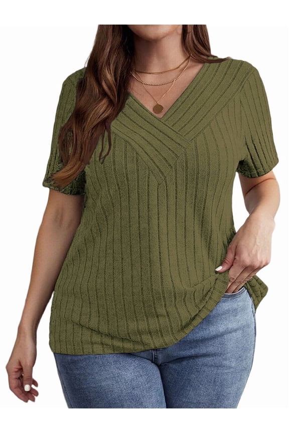 Women'S Large Size Casual Tops Crossover V Neck Solid Color Pierced Brushed Pullover Short Sleeve Shirt Green 4XL