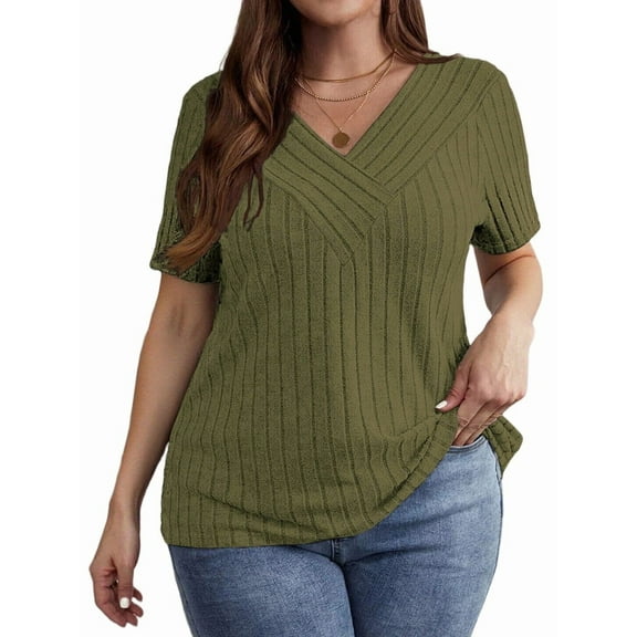 Women'S Large Size Casual Tops Crossover V Neck Solid Color Pierced Brushed Pullover Short Sleeve Shirt  Green XL