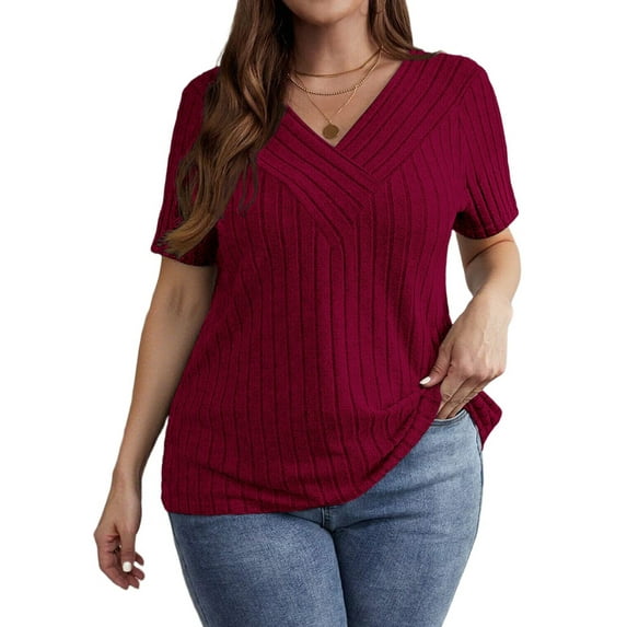 Women'S Large Size Casual Tops Crossover V Neck Solid Color Pierced Brushed Pullover Short Sleeve Shirt Wine Red 5XL