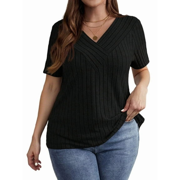 Women'S Large Size Casual Tops Crossover V Neck Solid Color Shirt Pierced Brushed Pullover Short Sleeve Shirt Black 4XL
