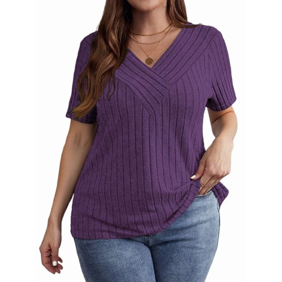 Women'S Large Size Casual Tops Crossover V Neck Solid Color Shirt Pierced Brushed Pullover Short Sleeve Shirt  XL