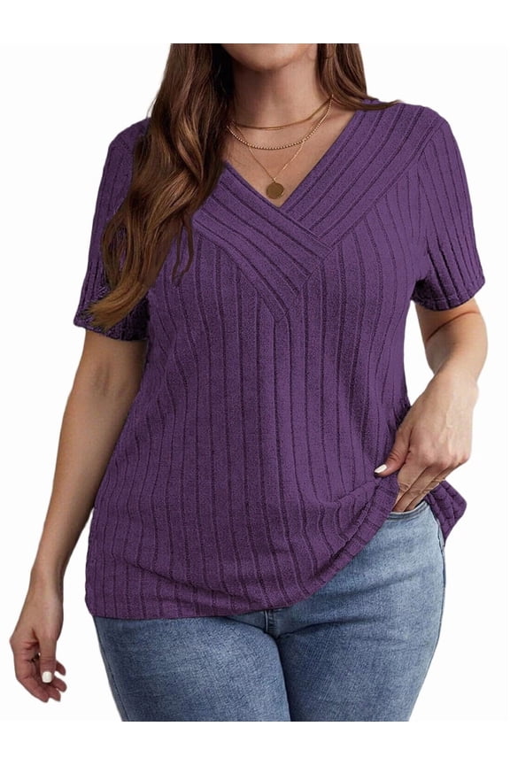 Women'S Large Size Casual Tops Crossover V Neck Solid Color Shirt Pierced Brushed Pullover Short Sleeve Shirt  XL