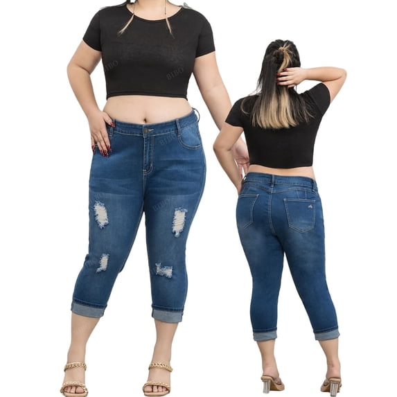 Women'S Large Size Dark Blue Fashionable Versatile Rolled Edge Hole Casual Style Denim Shorts, Soft And Comfortable Slim Fit Jeans
