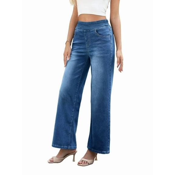 Women'S Large Size Denim Wide Leg High Waist Slimming Multi-Pocket Straight Loose Casual Pants Medium Dark Blue XL
