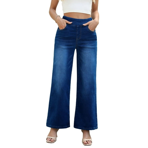 Women'S Large Size Denim Wide Leg Pants High Waist Slimming Multi-Pocket Straight Loose Casual Pants Dark Blue XL