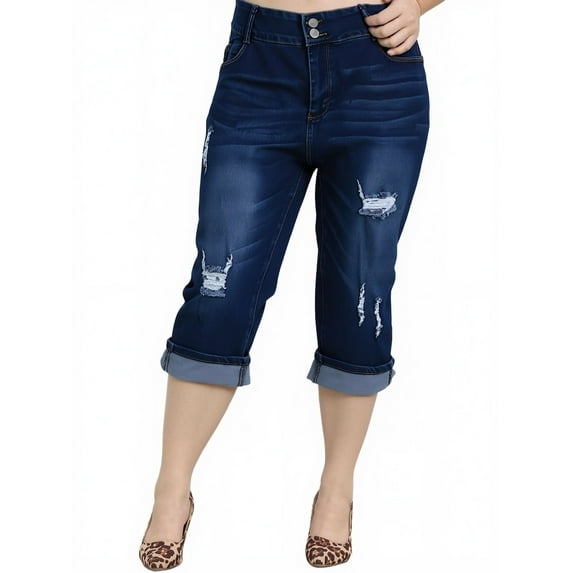 Women'S Large Size Navy Hundred Hole Breaking Casual Style Denim Shorts, Double Button Rolled Side Fake Pockets Comfortable Jeans,Jeans For Women,Womens Plus Capris Jeans