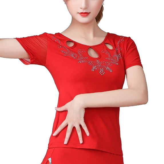 Women'S Latin Ballroom Dance Practice Competition Tops T Shirts Rhinestone Cut Out Top Short Sheer Illusion Sleeves