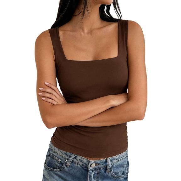 Women'S Layer Tank Tops Square Neck Sleeveless Solid Color Basic Tight T Shirts Brown XL