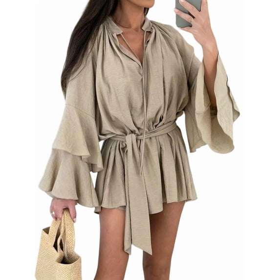 Women'S Layered Bell Sleeve Tie Neck Mini Dresses Ruffle Belted Tunic Dress Khaki M