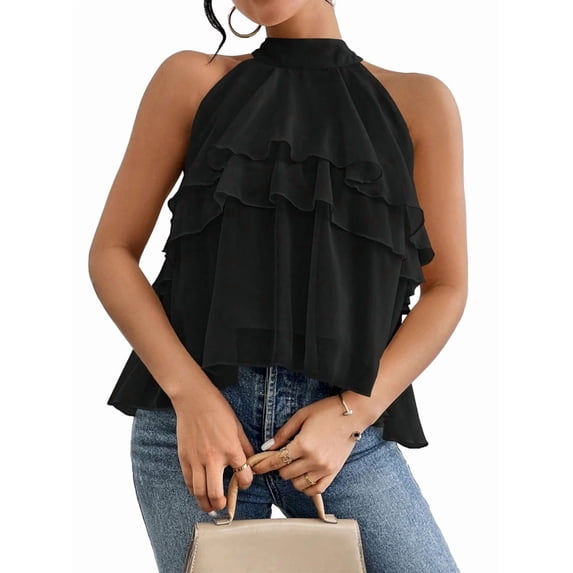Women'S Layered Ruffle Hem Sleeveless Halter Chiffon Blouse Flowy Tank Tops Black XXL