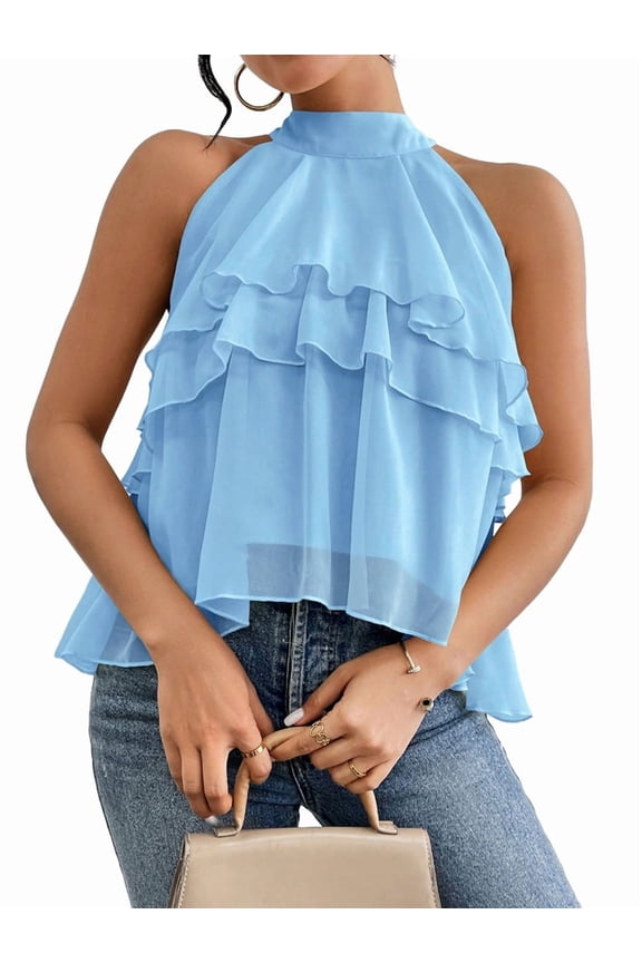 Women'S Layered Ruffle Hem Sleeveless Halter Chiffon Blouse Flowy Tank Tops  Blue M