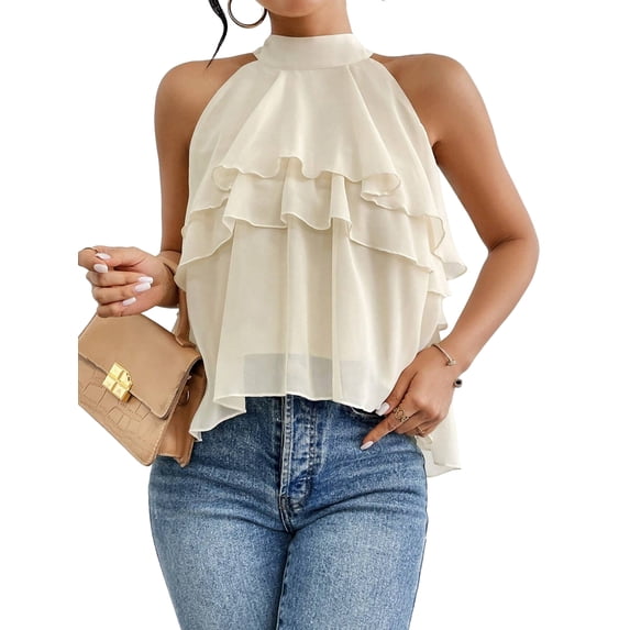 Women'S Layered Ruffle Hem Sleeveless Halter Chiffon Blouse Flowy Tank Tops Color XXL