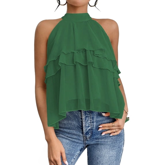 Women'S Layered Ruffle Hem Sleeveless Halter Chiffon Blouse Flowy Tank Tops Green L