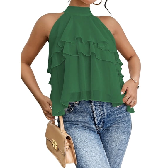 Women'S Layered Ruffle Hem Sleeveless Halter Chiffon Blouse Flowy Tank Tops Green XXL