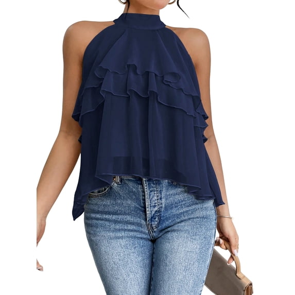 Women'S Layered Ruffle Hem Sleeveless Halter Chiffon Blouse Flowy Tank Tops Navy Blue XXL