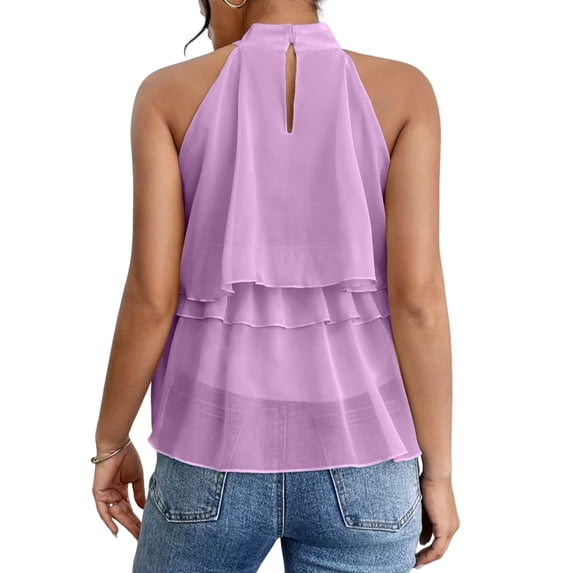 Women'S Layered Ruffle Hem Sleeveless Halter Chiffon Blouse Flowy Tank Tops S