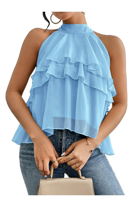 Women'S Layered Ruffle Hem Sleeveless Halter Chiffon Blouse Flowy Tank Tops Sky Blue L