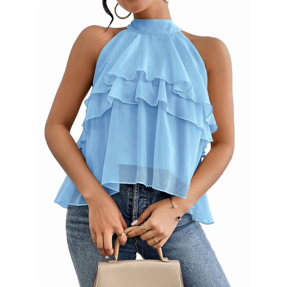 Women'S Layered Ruffle Hem Sleeveless Halter Chiffon Blouse Flowy Tank Tops Sky Blue XXL