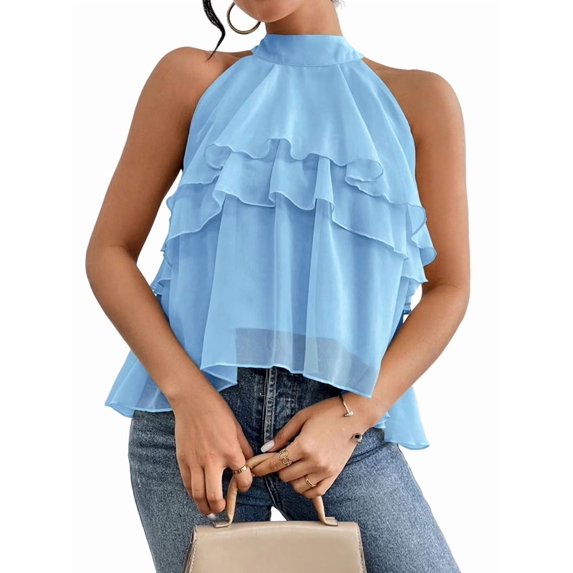 Women'S Layered Ruffle Hem Sleeveless Halter Chiffon Blouse Flowy Tank Tops XXL