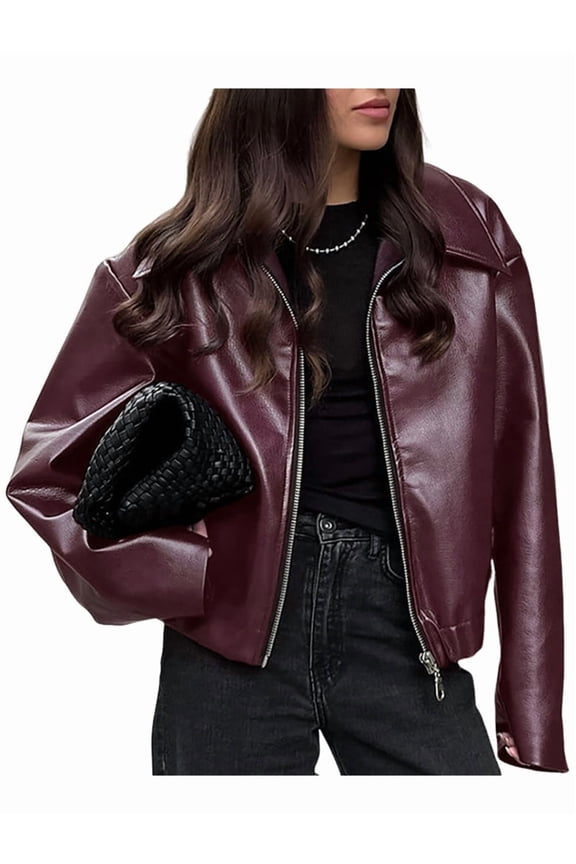 Women'S Leather Jacket Long Sleeve Zipper Faux Oversized Coats Fall Fashion Outfits Winter Clothes Wine Red M