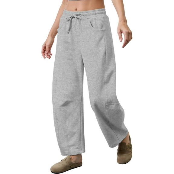Women'S Leg Sweatpant Drawstring Elastic Waisted Wide Leg Pants Casual Palazzo Trousers with Pockets Light Grey S