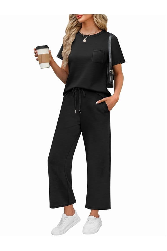 Women'S Leisure Travel Vacation Wear Two-Piece Suit Short Sleeve Wide Leg Pants Casual Suit Black S