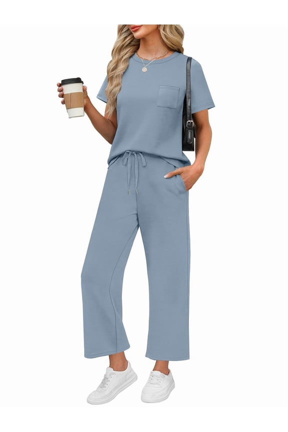 Women'S Leisure Travel Vacation Wear Two-Piece Suit Short Sleeve Wide Leg Pants Casual Suit Blue M